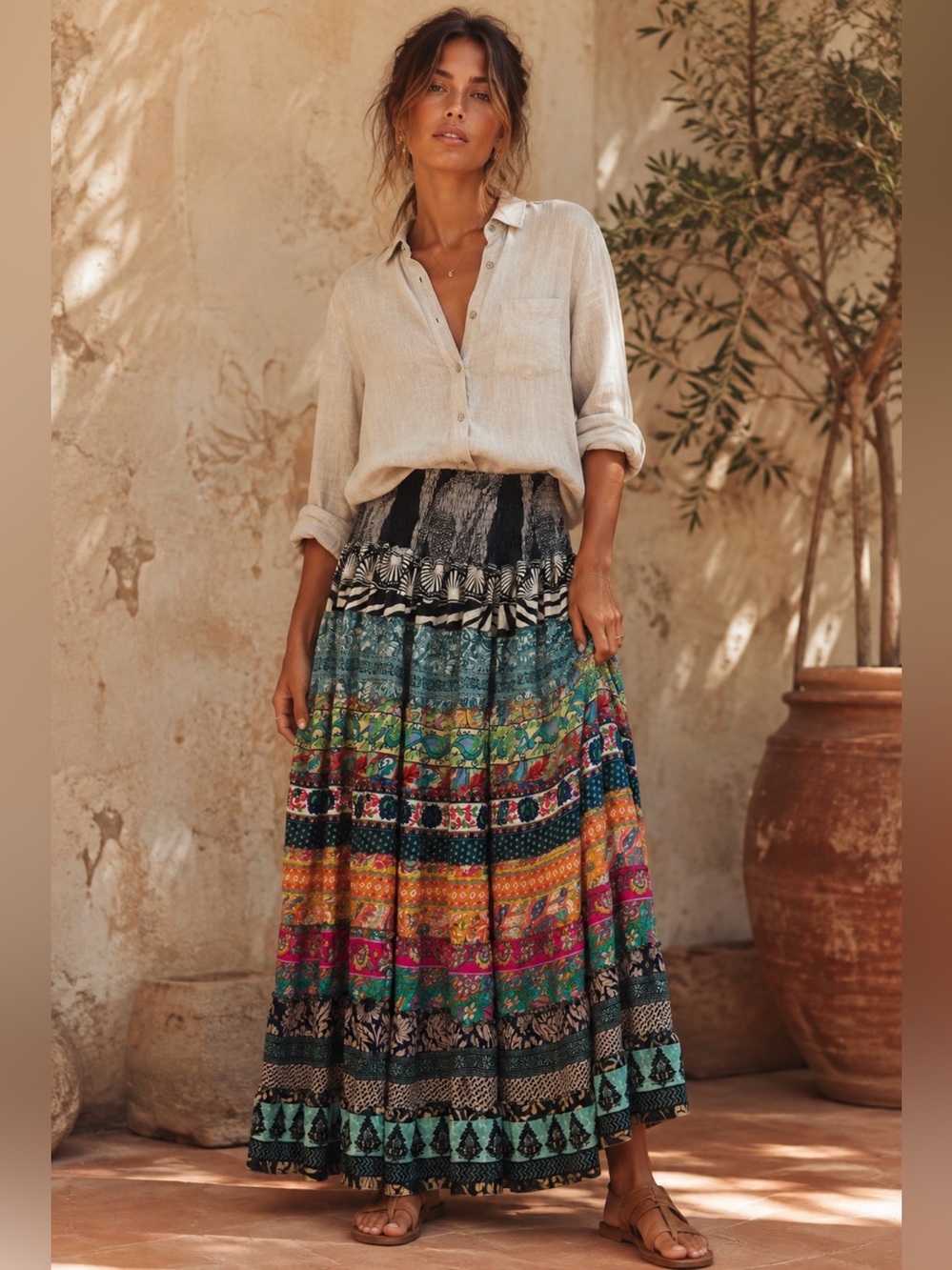 Recycled Silk Blend Floral Patchwork Tiered Ruffle Skirt Free Size Gypsy Boho